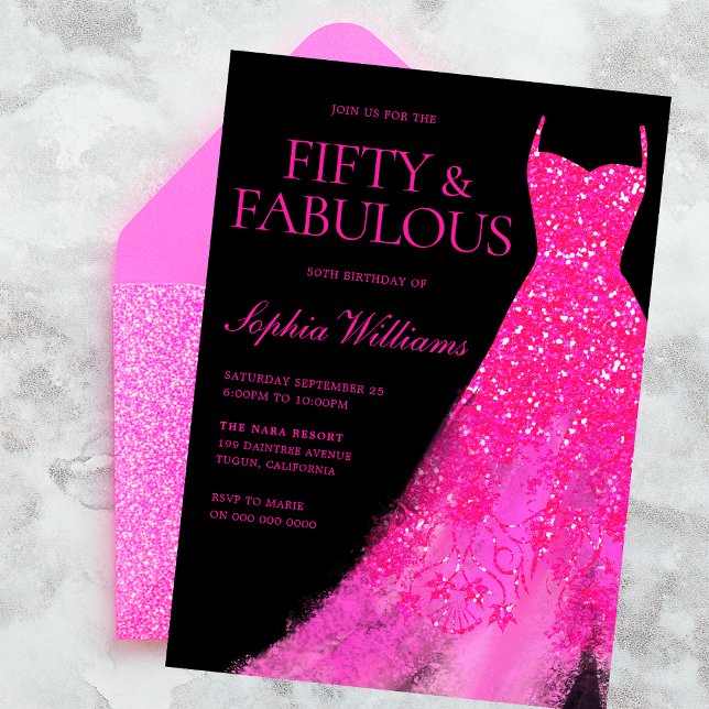 Hot Pink Sparkle Gown & Black 50th Birthday Party  Invitation (Creator Uploaded)