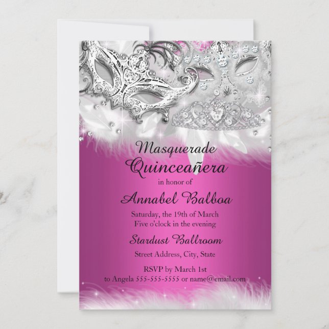Hot Pink Sparkle Masquerade Quinceanera Invite (Front)