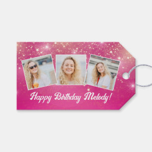 Hot Pink Sparkle Photo Collage Girls Birthday Gift Tags