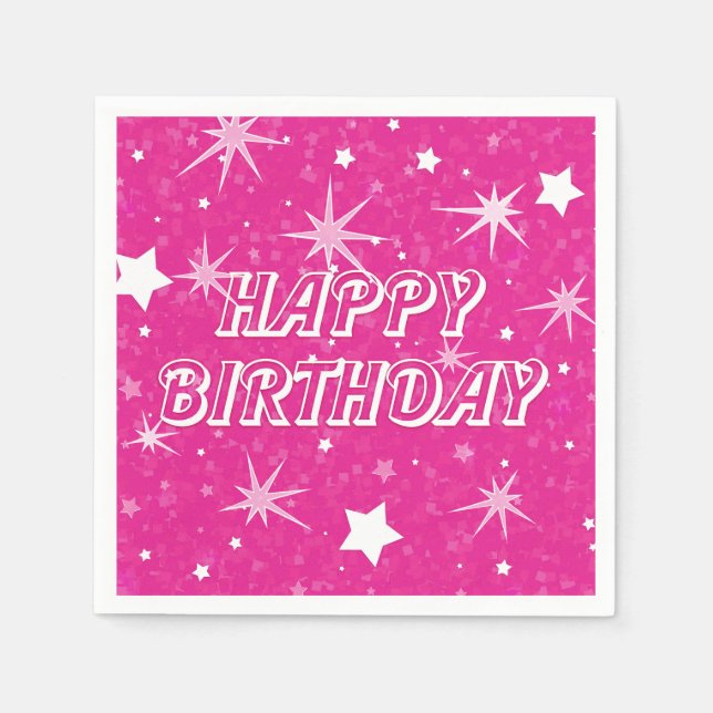 Hot Pink Sparkle Stars Happy Birthday Party Napkin (Front)