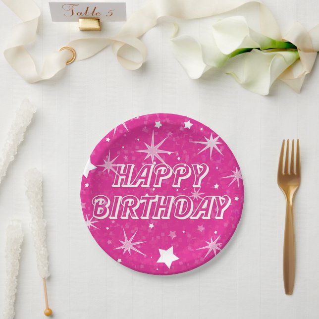Hot Pink Sparkle Stars Happy Birthday Party Paper Plate (Wedding)