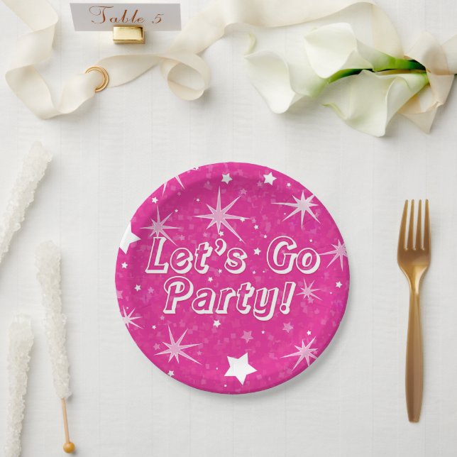 Hot Pink Sparkle Stars Happy Birthday Party Paper Plate (Wedding)