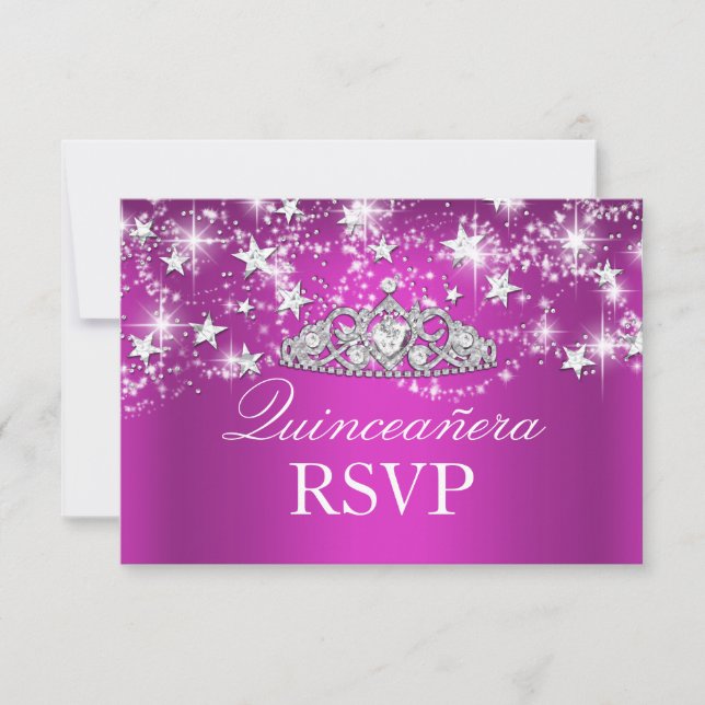 Hot Pink Sparkle Tiara & Stars Quinceanera RSVP (Front)