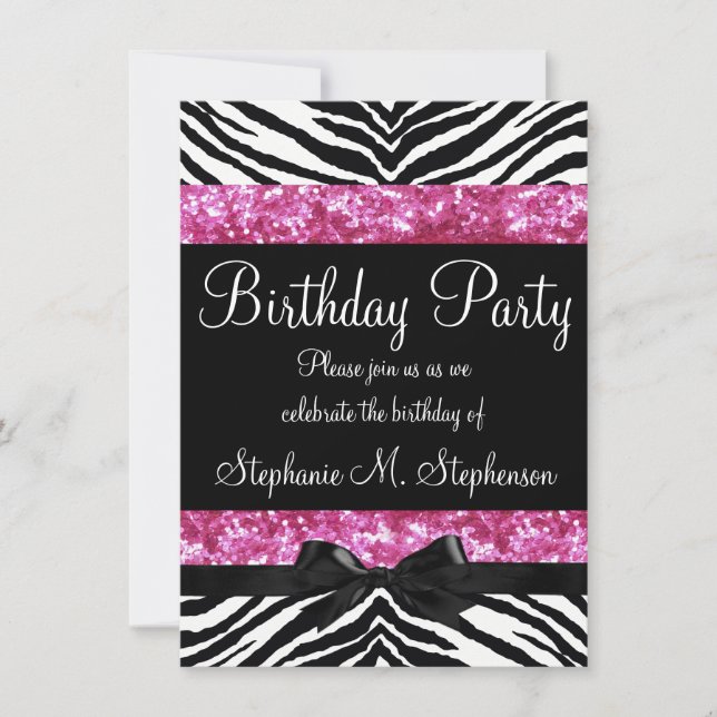 Hot Pink Sparkle Zebra Girl's Birthday Invitation (Front)