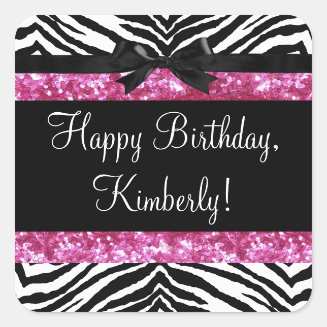 Hot Pink Sparkle Zebra Girly Girl's Square Sticker (Front)