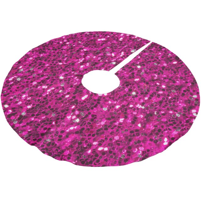 Hot pink sparkles faux glitter brushed polyester tree skirt (Angled)