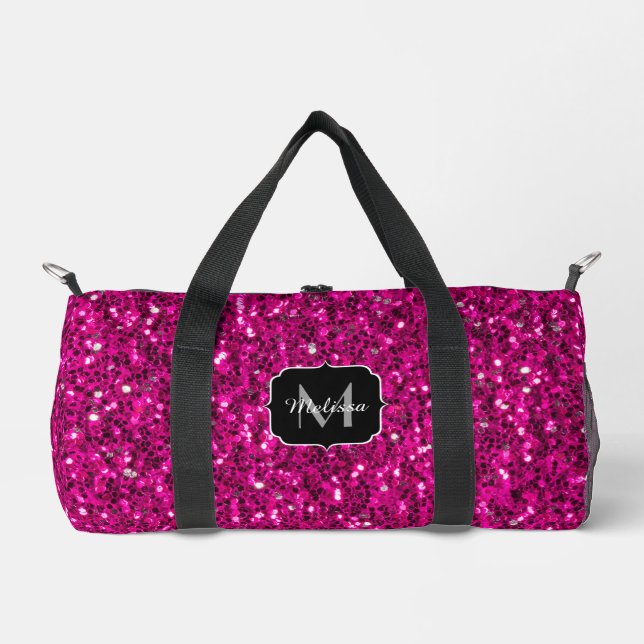 Hot pink sparkles faux glitter Custom Monogram Duffle Bag (Front)