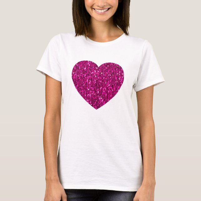 Hot pink sparkles faux glitter heart T-Shirt (Front)