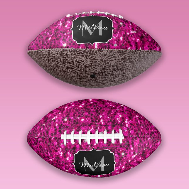 Hot pink sparkles faux glitter Monogram American Football (Creator Uploaded)