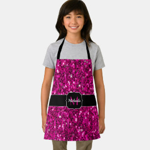 Hot pink sparkles faux glitter Monogram Apron