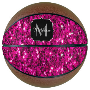 Hot pink sparkles faux glitter Monogram Basketball