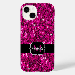 Hot pink sparkles faux glitter Monogram Case-Mate iPhone 14 Case