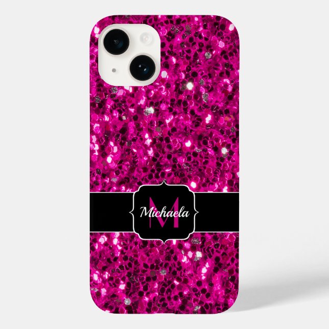 Hot pink sparkles faux glitter Monogram Case-Mate iPhone Case (Back)