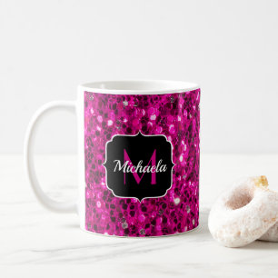 Hot pink sparkles faux glitter Monogram Coffee Mug