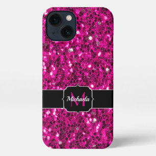 Hot pink sparkles faux glitter Monogram iPhone 13 Case