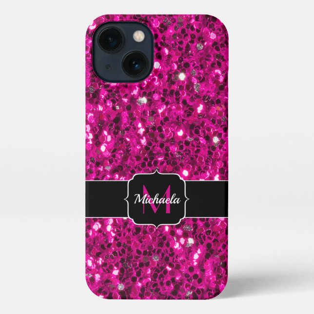 Hot pink sparkles faux glitter Monogram iPhone Case (Back)