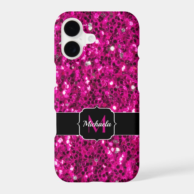 Hot pink sparkles faux glitter Monogram iPhone Case (Back)