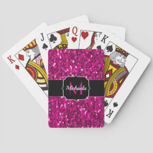 Hot pink sparkles faux glitter Monogram Playing Cards