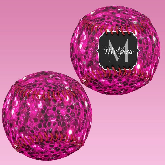 Hot pink sparkles faux glitter Monogram Softball (Hot pink sparkles Monogram Softball for her. Personalize with your custom initial and name.)