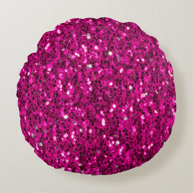 Hot pink sparkles faux glitter round cushion (Front)