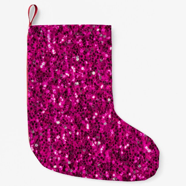 Hot pink sparkles faux glitter small christmas stocking (Front)