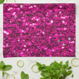 Hot pink sparkles faux glitter tea towel