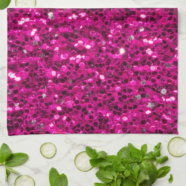 Hot pink sparkles faux glitter tea towel (Folded)