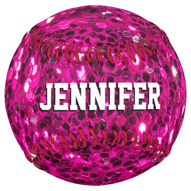 Hot pink sparkles faux glitter Your name Team  Softball (Back)