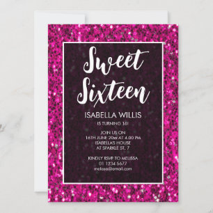 Hot pink sparkles glitter Sweet 16 elegant script Invitation
