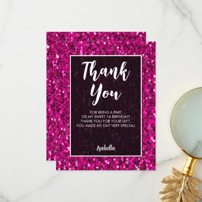 Hot pink sparkles glitter Sweet 16 elegant script Thank You Card (Front/Back In Situ)