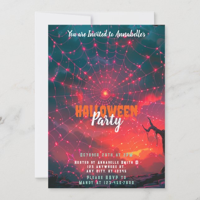 Hot Pink Spiderweb Sunset Creepy Halloween Party Invitation (Front)