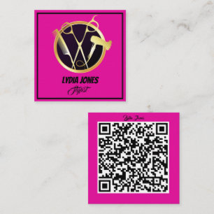 Hot Pink Square Stylist Business Card with QR Code