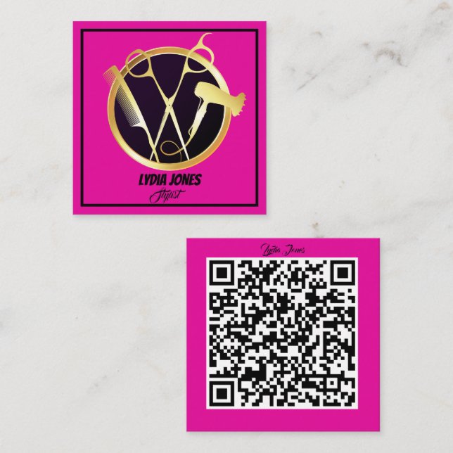 Hot Pink Square Stylist Custom Logo with QR Code Business Card (Front/Back)