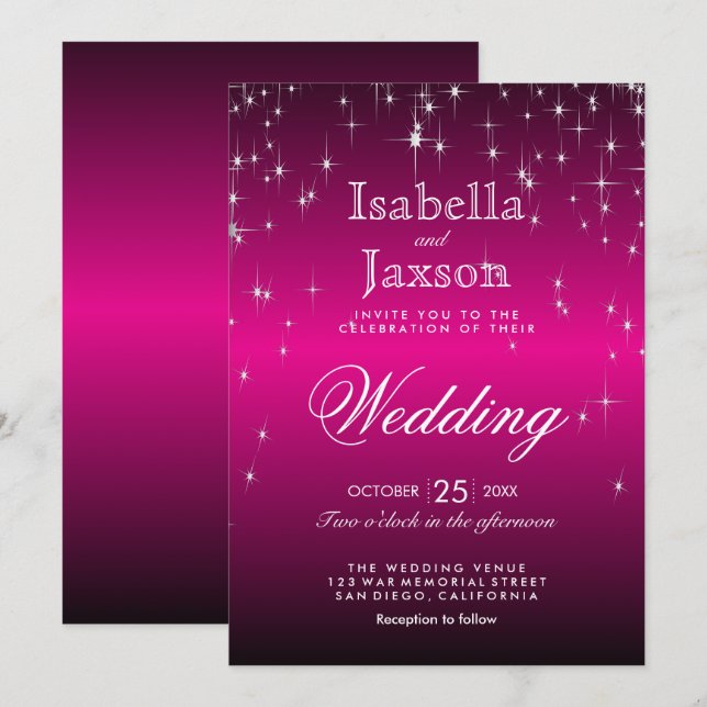 Hot Pink Star Lights Wedding Invitation (Front/Back)