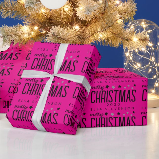Hot Pink Star Pattern Merry Christmas Text Wrapping Paper (Holidays)