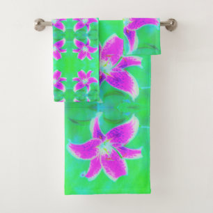 Hot Pink Stargazer Lily on Turquoise and Green Bath Towel Set