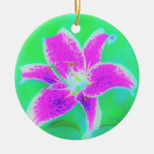 Hot Pink Stargazer Lily on Turquoise and Green Ceramic Tree Decoration