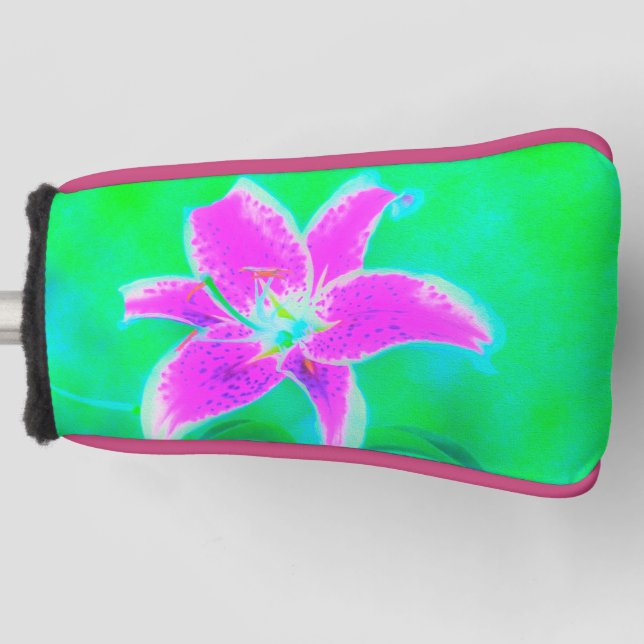 Hot Pink Stargazer Lily on Turquoise and Green Golf Head Cover (Front)