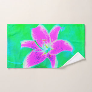 Hot Pink Stargazer Lily on Turquoise and Green Hand Towel