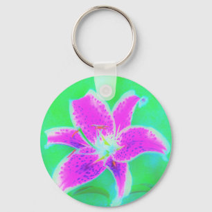 Hot Pink Stargazer Lily on Turquoise and Green Key Ring