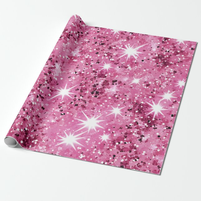 Hot Pink Stars Glitter  Wrapping Paper (Unrolled)