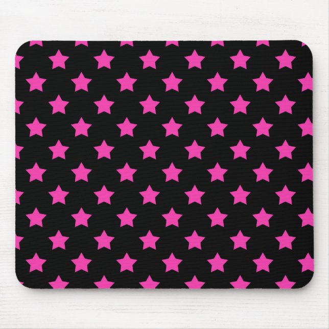 Hot Pink Stars on Black Background Pattern Mouse Mat (Front)