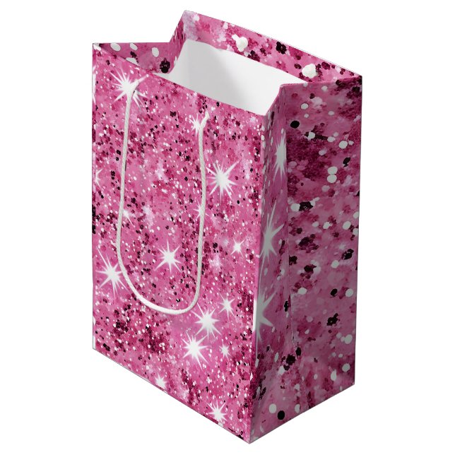  Hot Pink Stars Sequin Glitter  Medium Gift Bag (Front Angled)