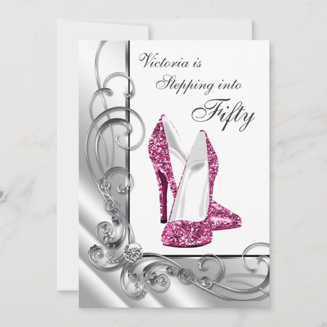 Hot Pink Stepping Into 50 Birthday Party Invitation (Front)