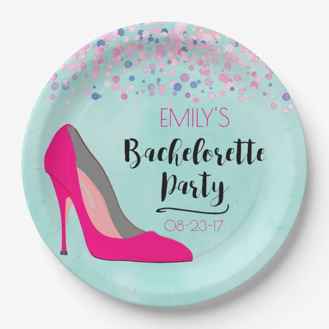 Hot Pink Stiletto High Heel  Bachelorette Party Paper Plate (Front)