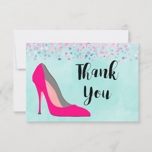 Hot Pink Stiletto Shoe and Pink Confetti Thank You Card (Front)