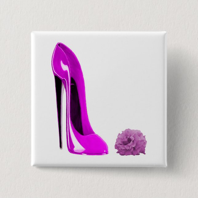 Hot Pink Stiletto Shoe and Rose 15 Cm Square Badge (Front)