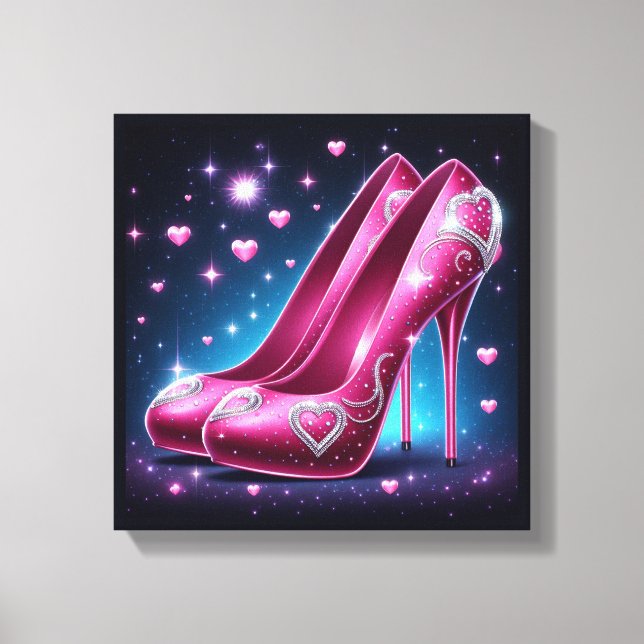 Hot Pink Stilettos with Diamonds and Hearts Canvas Print (Front)