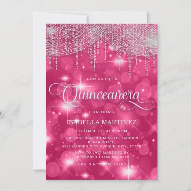 Hot Pink String Lights Sparkle Quinceañera Invitation (Front)