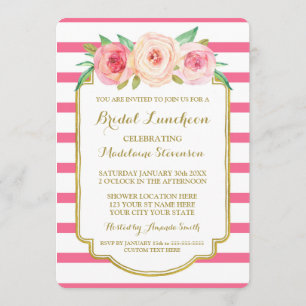 Hot Pink Stripes Gold Pink Floral Bridal Lunch Invitation